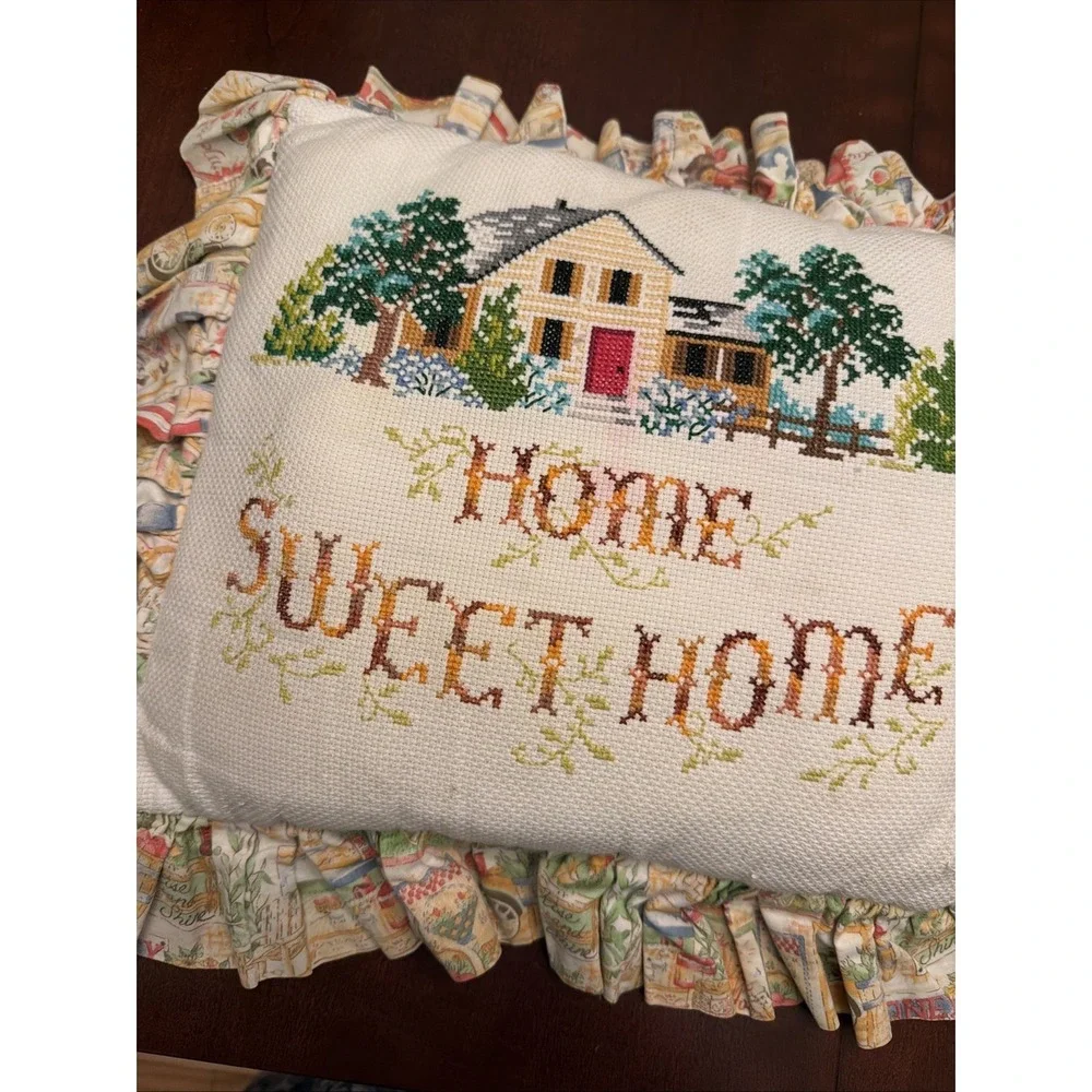 Home Sweet Home Farm Country Needlepoint Decorative Pillow Vintage